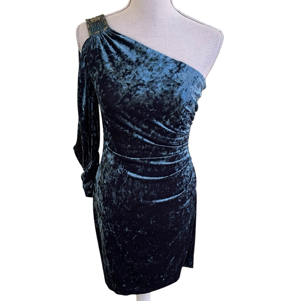 Aiden Mattox Teal Blue Crushed Velvet One Shoulder Knee Length Sheath Dress 2